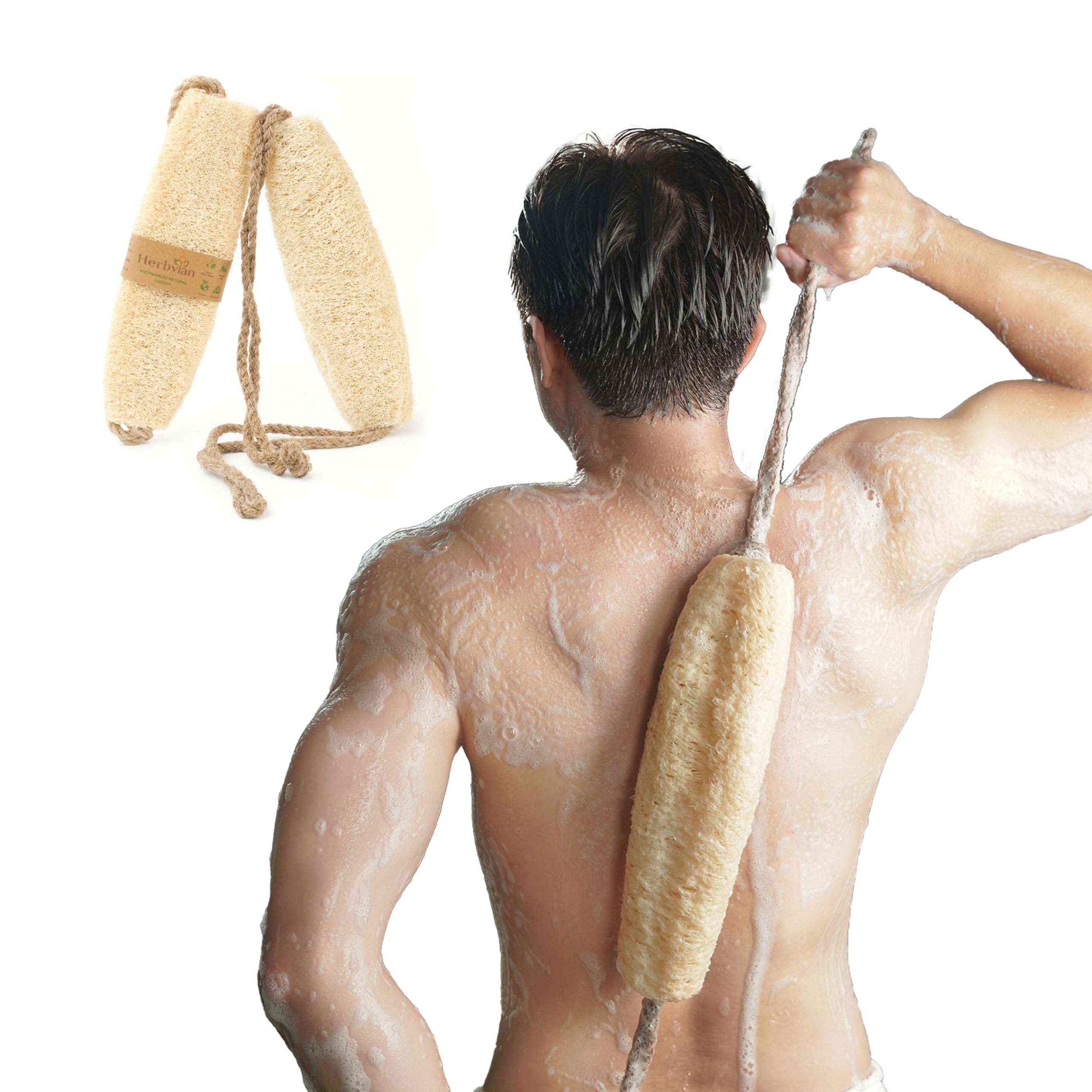 Herbvian Vietnamese loofah back-scrubber with coconut-handle for easy back exfoliation