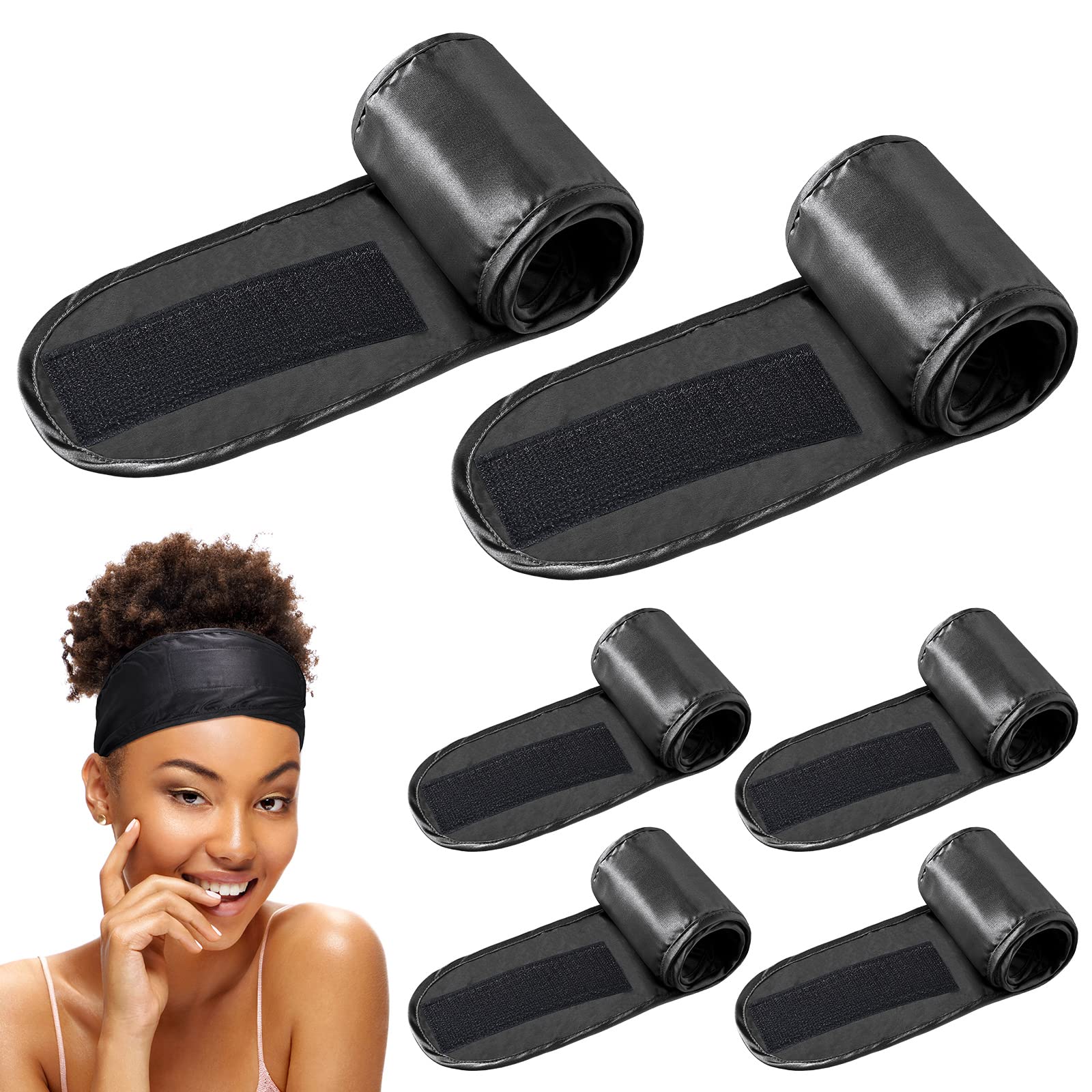 Hercicy 6-pack black satin headbands provide gentle overnight hair control for a neat morning look.