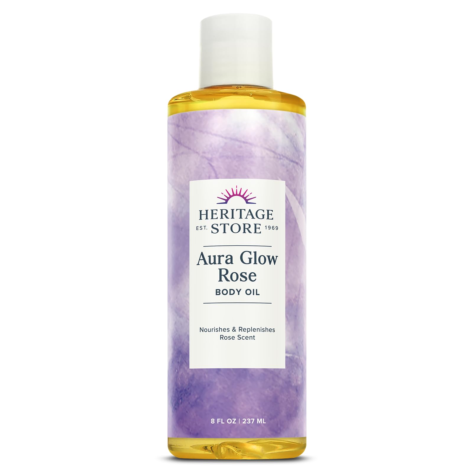 HERITAGE STORE Aura Glow Rose Body Oil bottle demonstrating rose-scented hydration