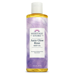 HERITAGE STORE Aura Glow Rose Body Oil bottle demonstrating rose-scented hydration