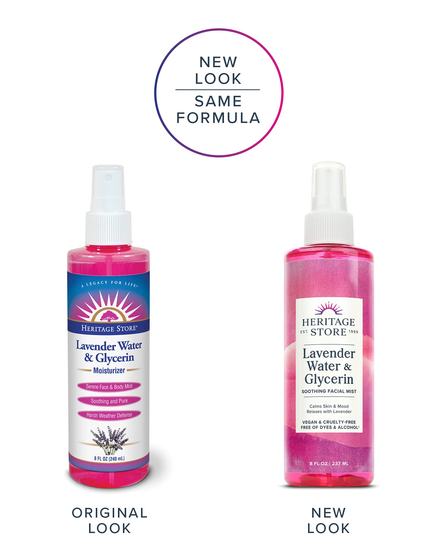Heritage Store lavender mist spray applied for refreshed skin and hair softness.