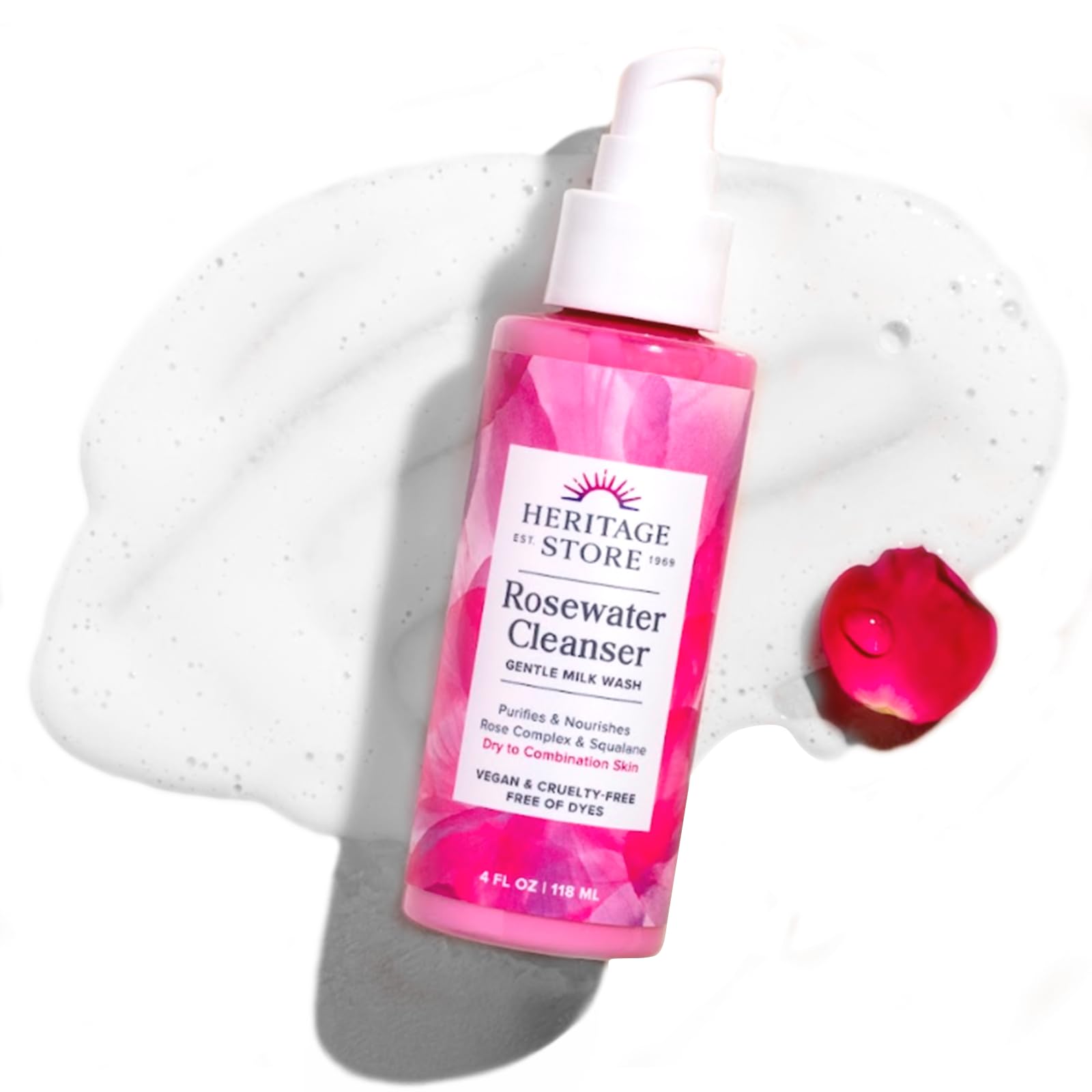HERITAGE STORE Rosewater Facial Cleanser bottle closeup showing gentle cleansing for dry to combo skin