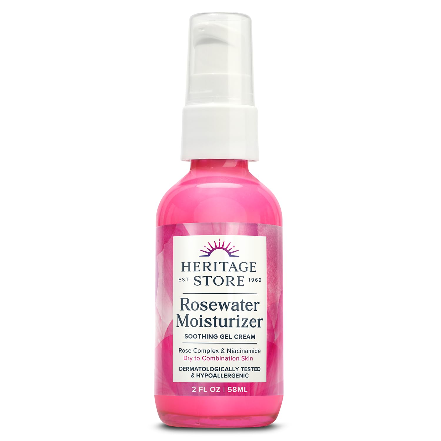 Heritage Store Rosewater Moisturizer bottle closeup showing soothing hydration.