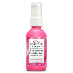 Heritage Store Rosewater Moisturizer bottle closeup showing soothing hydration.