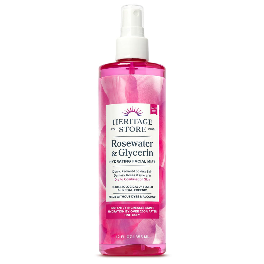 Heritage Store Rosewater Glycerin hydrating facial mist bottle ready for spritz