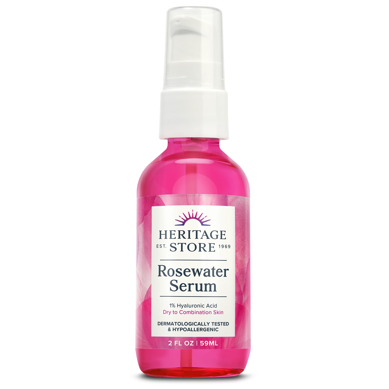 HERITAGE STORE Rosewater Serum bottle pours for deep hydration and dewy skin.