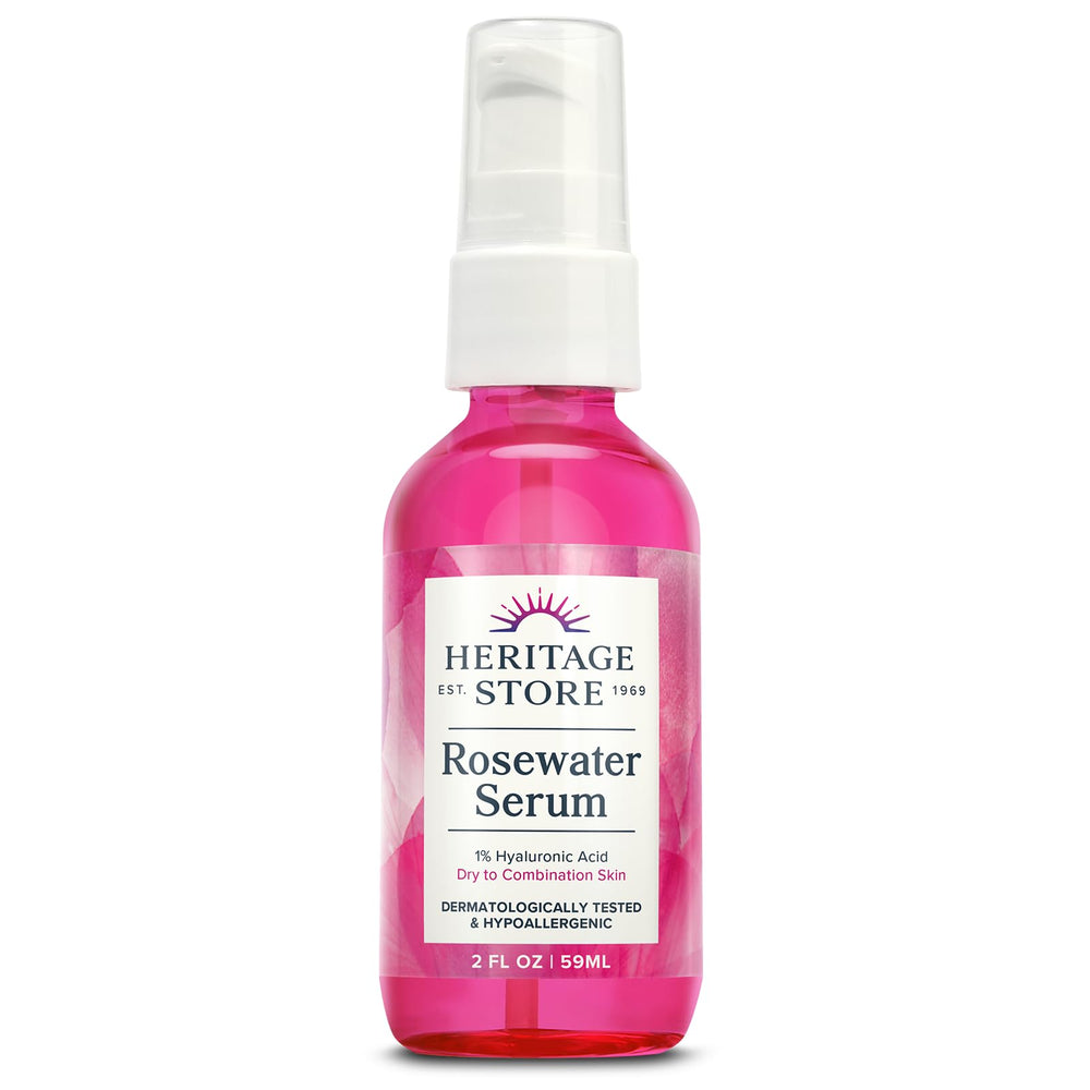 HERITAGE STORE Rosewater Serum bottle pours for deep hydration and dewy skin.