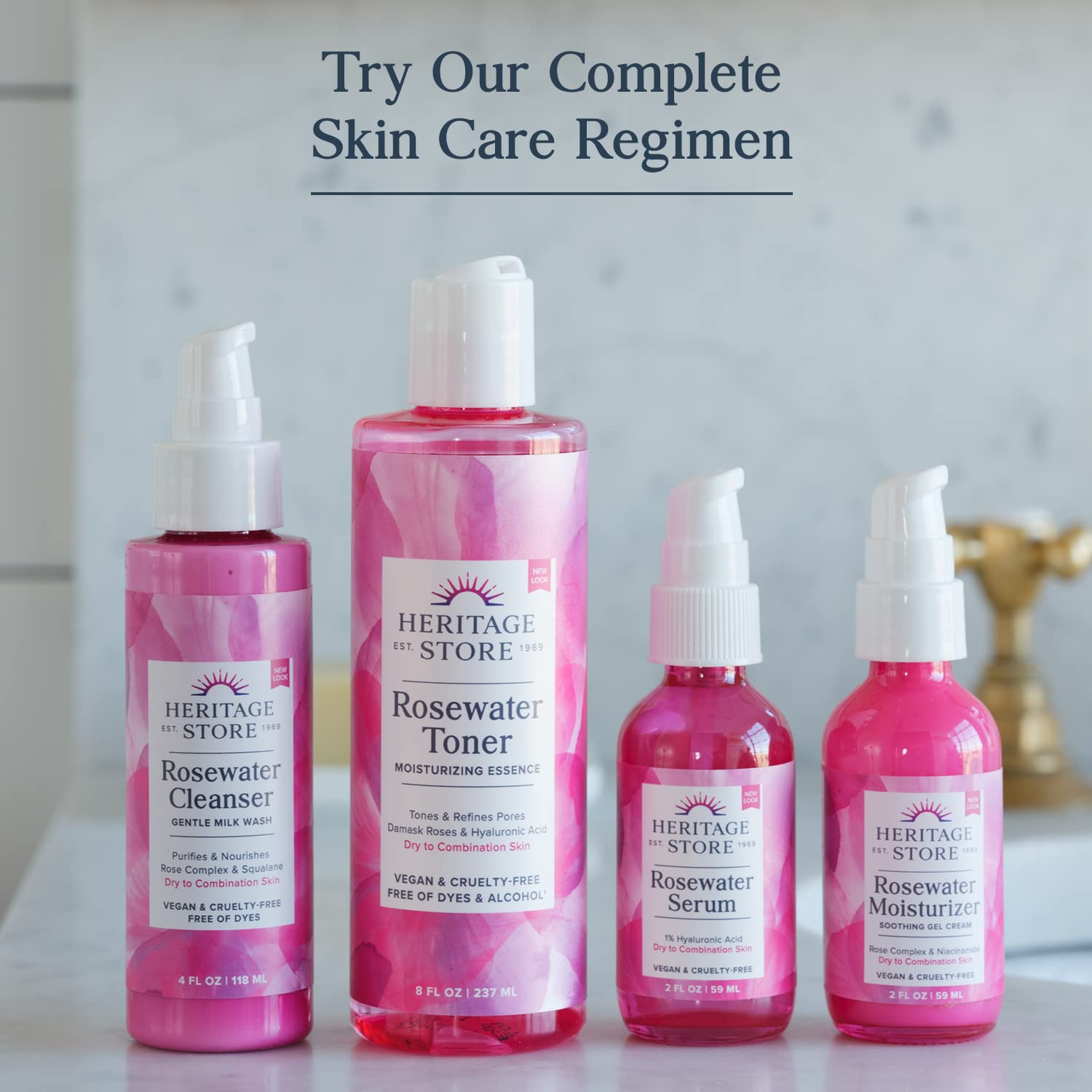 HERITAGE STORE Rosewater Serum PCR-packaging indicates eco-friendly vegan skincare.