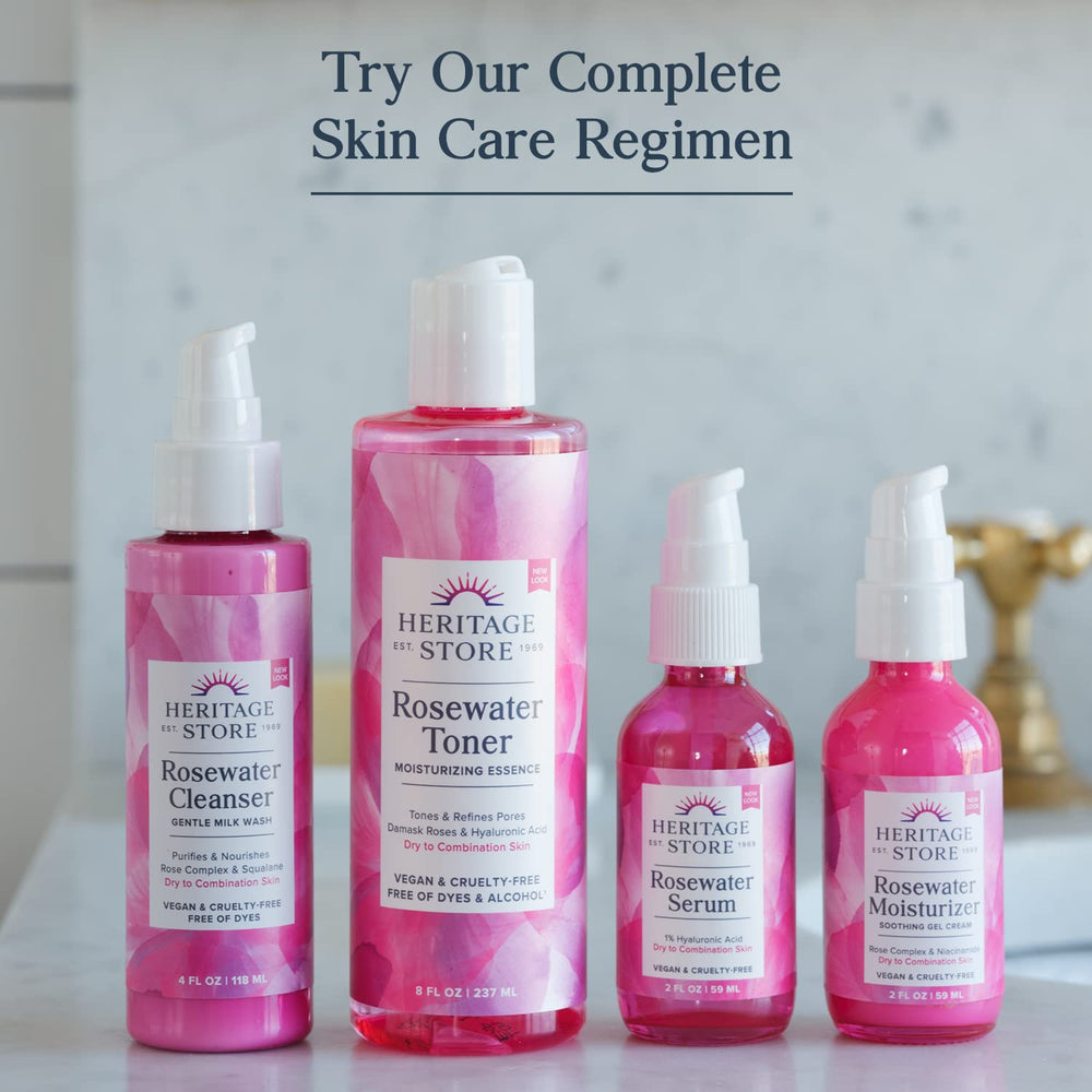 HERITAGE STORE Rosewater Serum PCR-packaging indicates eco-friendly vegan skincare.