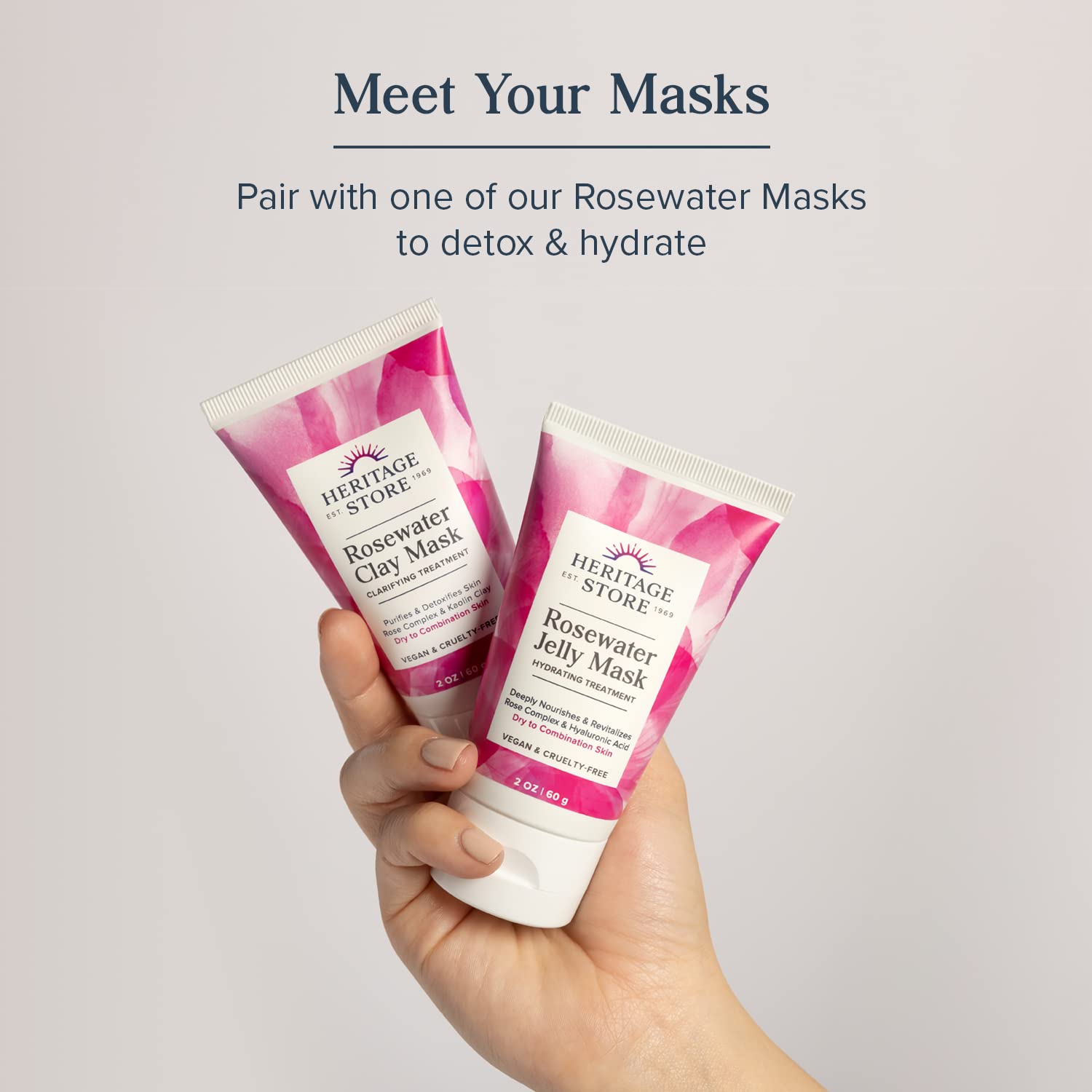 HERITAGE STORE Rosewater Serum with rose petals suggests gentle botanical hydration.