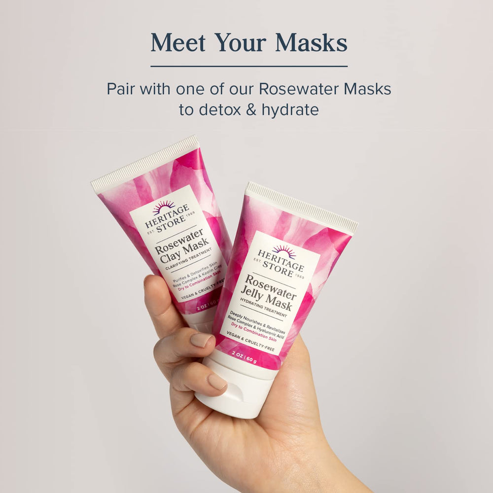 HERITAGE STORE Rosewater Serum with rose petals suggests gentle botanical hydration.