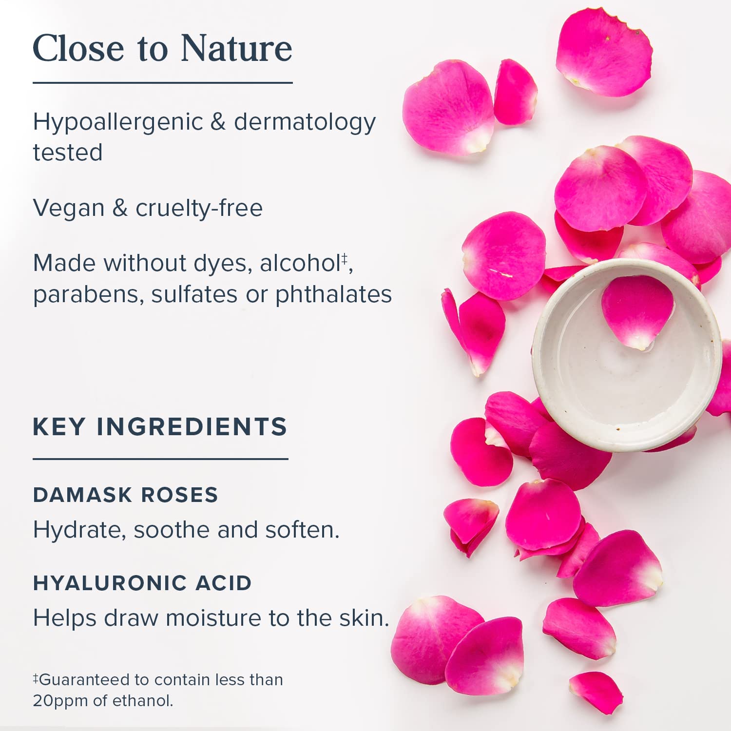 HERITAGE STORE Rosewater Serum texture shot shows lightweight, non-greasy hydration.
