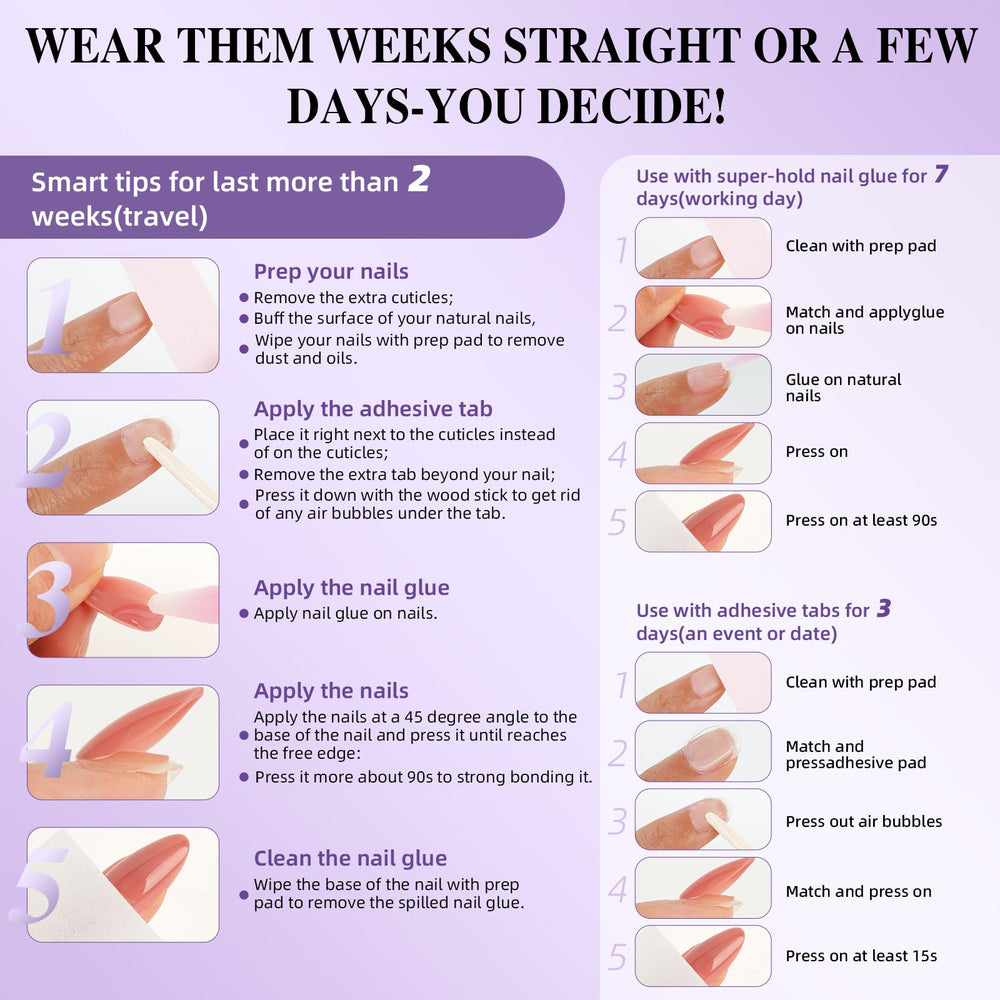 Herlight 32 nails in 16 sizes ensure a seamless, no-trim fit.