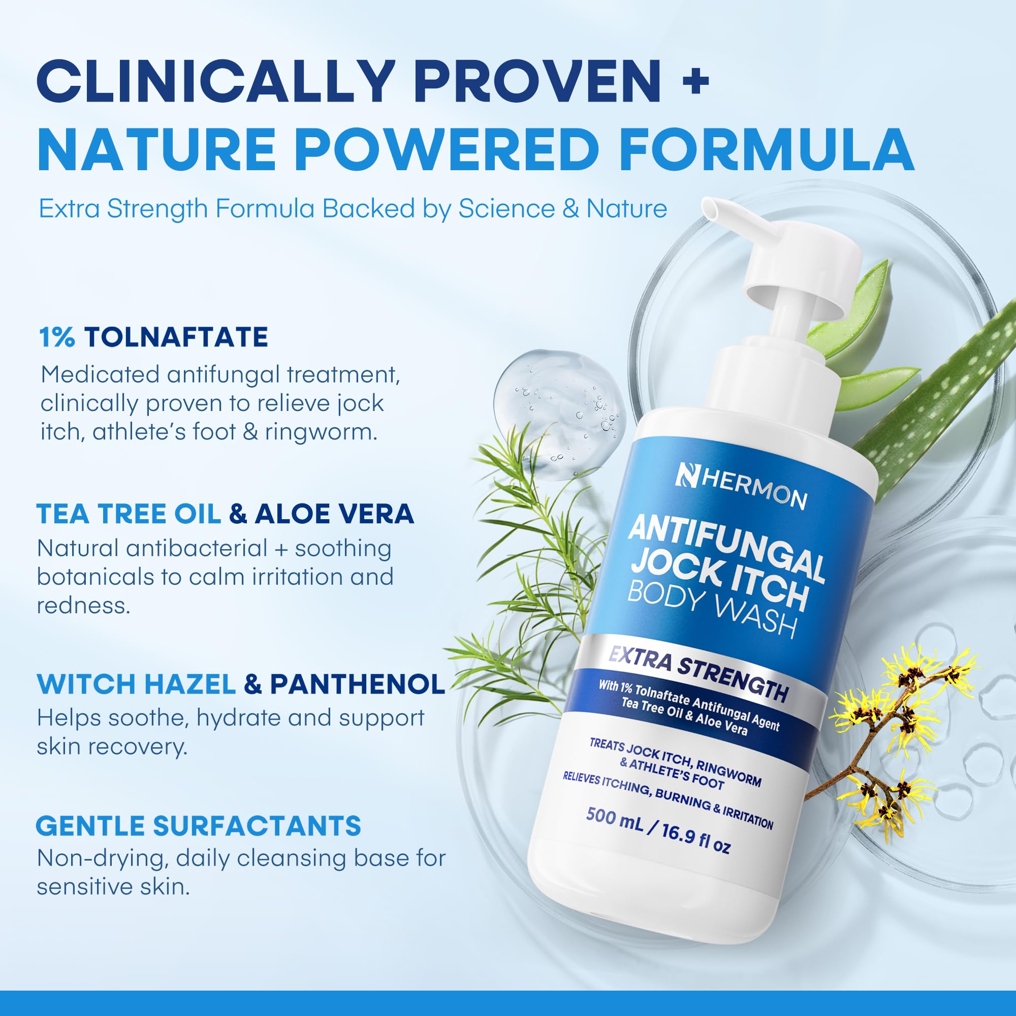 Hermon antifungal body wash applied foam on skin highlights gentle, non drying formula