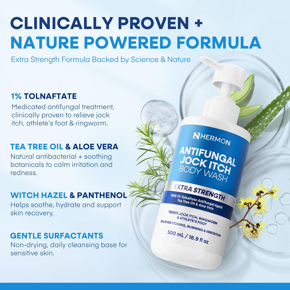 Hermon antifungal body wash applied foam on skin highlights gentle, non drying formula