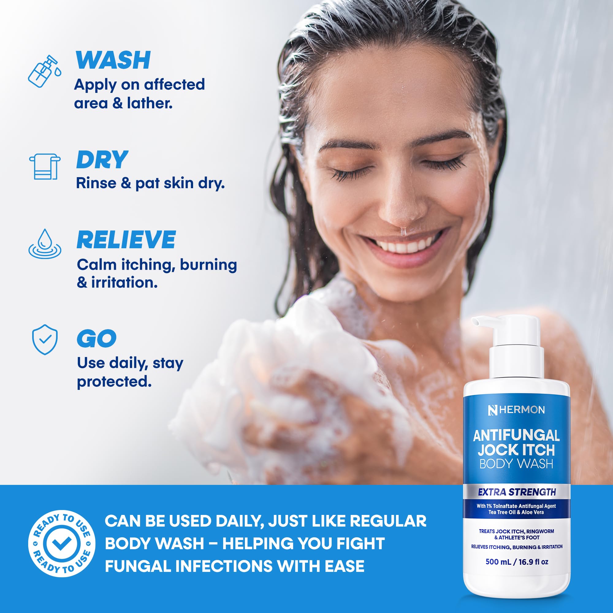 Hermon antifungal body wash tea tree close-up emphasizes natural ingredients and cooling sensation