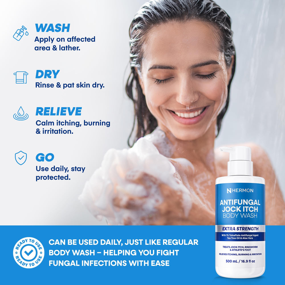Hermon antifungal body wash tea tree close-up emphasizes natural ingredients and cooling sensation