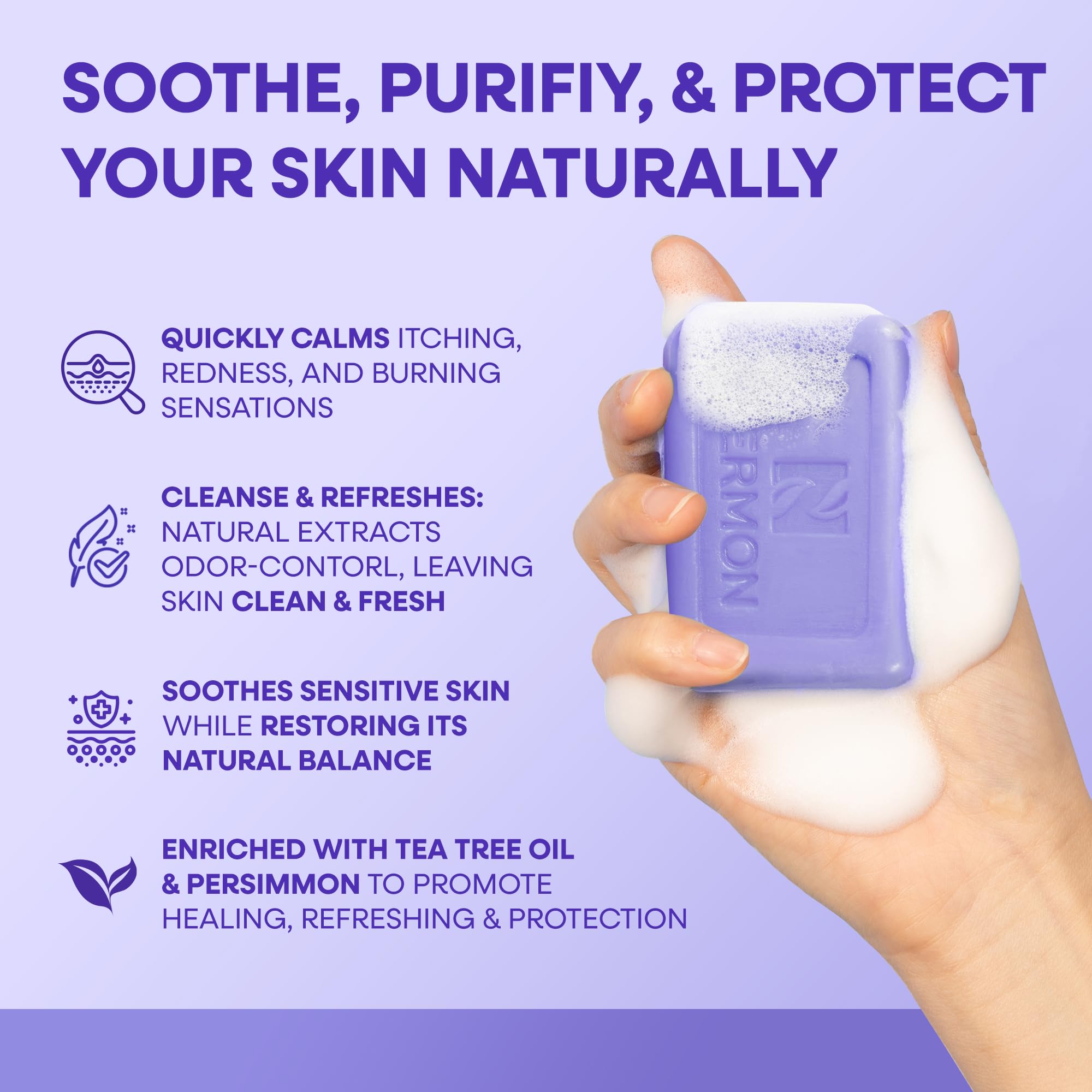 Hermon Antifungal Soap lavender packaging emphasizes calming daily routine.