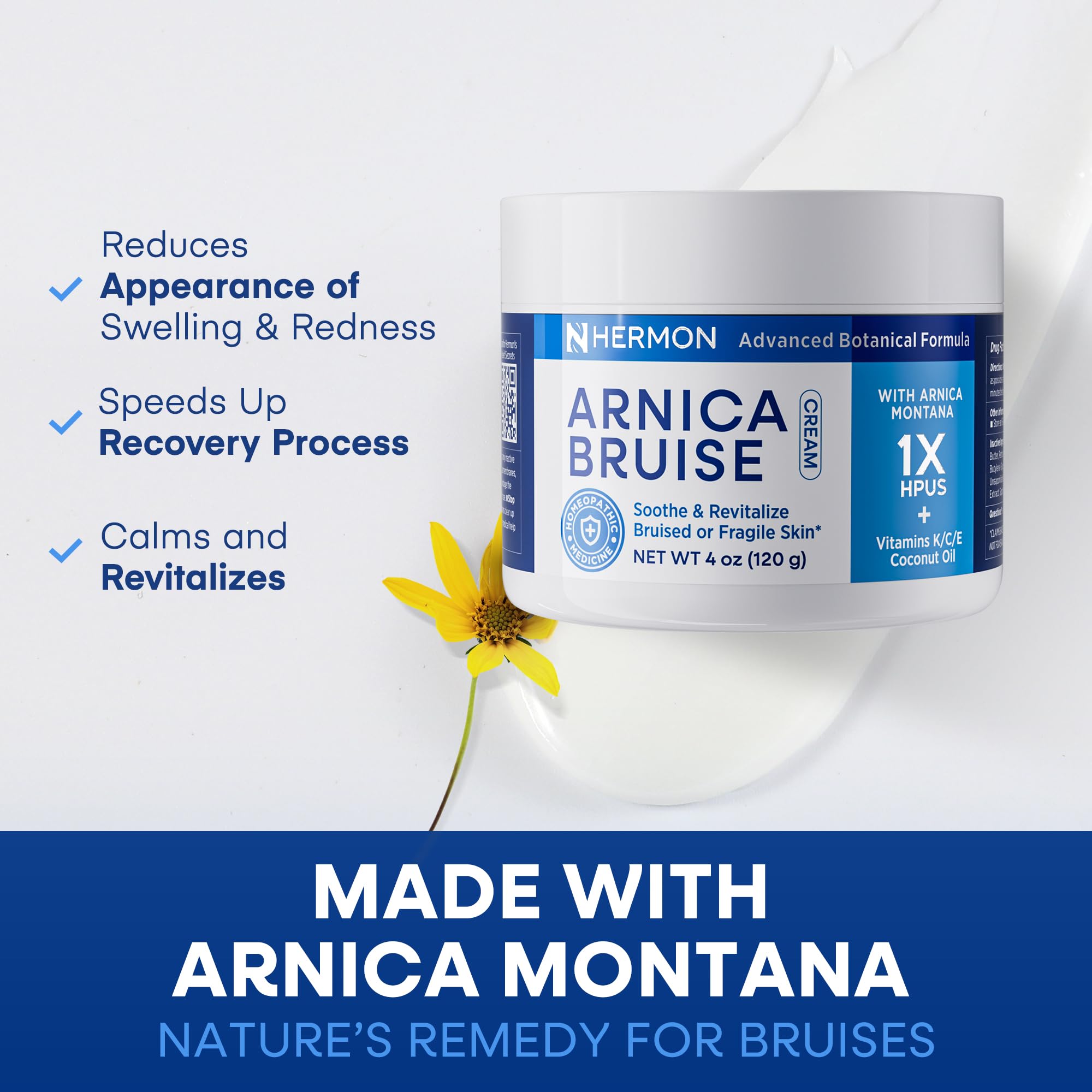 Hermon Arnica Bruise Cream packaging 4oz image emphasizes clean formula and fragrance-free use.