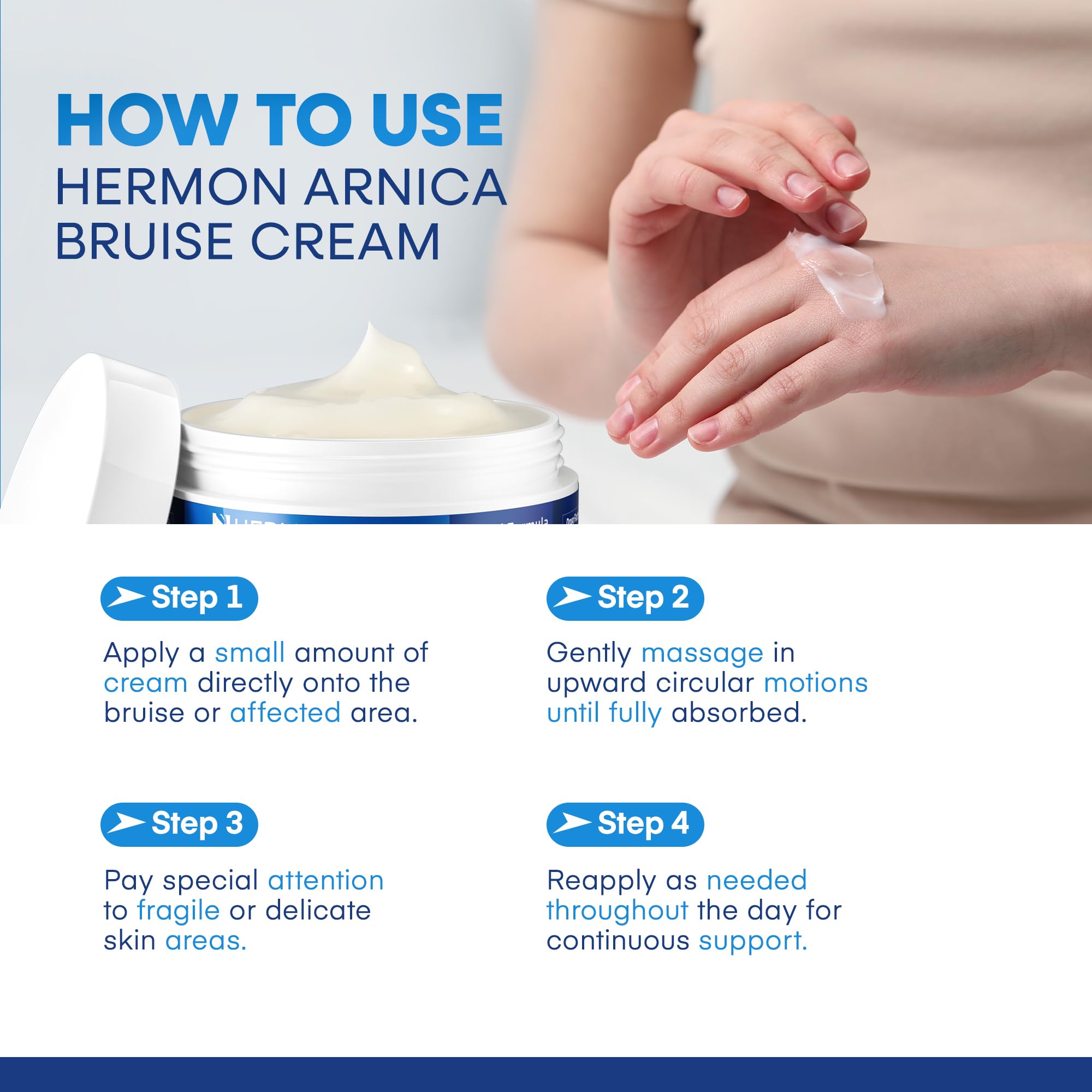 Hermon Arnica Cream with Vitamins K, C, E on healthy-looking skin.
