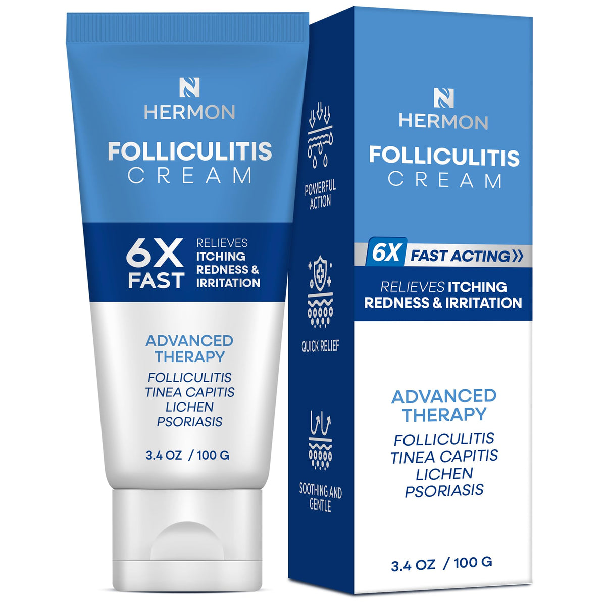Hermon Folliculitis Cream packaging highlights gentle, natural formula for sensitive skin