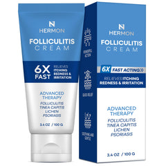Hermon Folliculitis Cream packaging highlights gentle, natural formula for sensitive skin