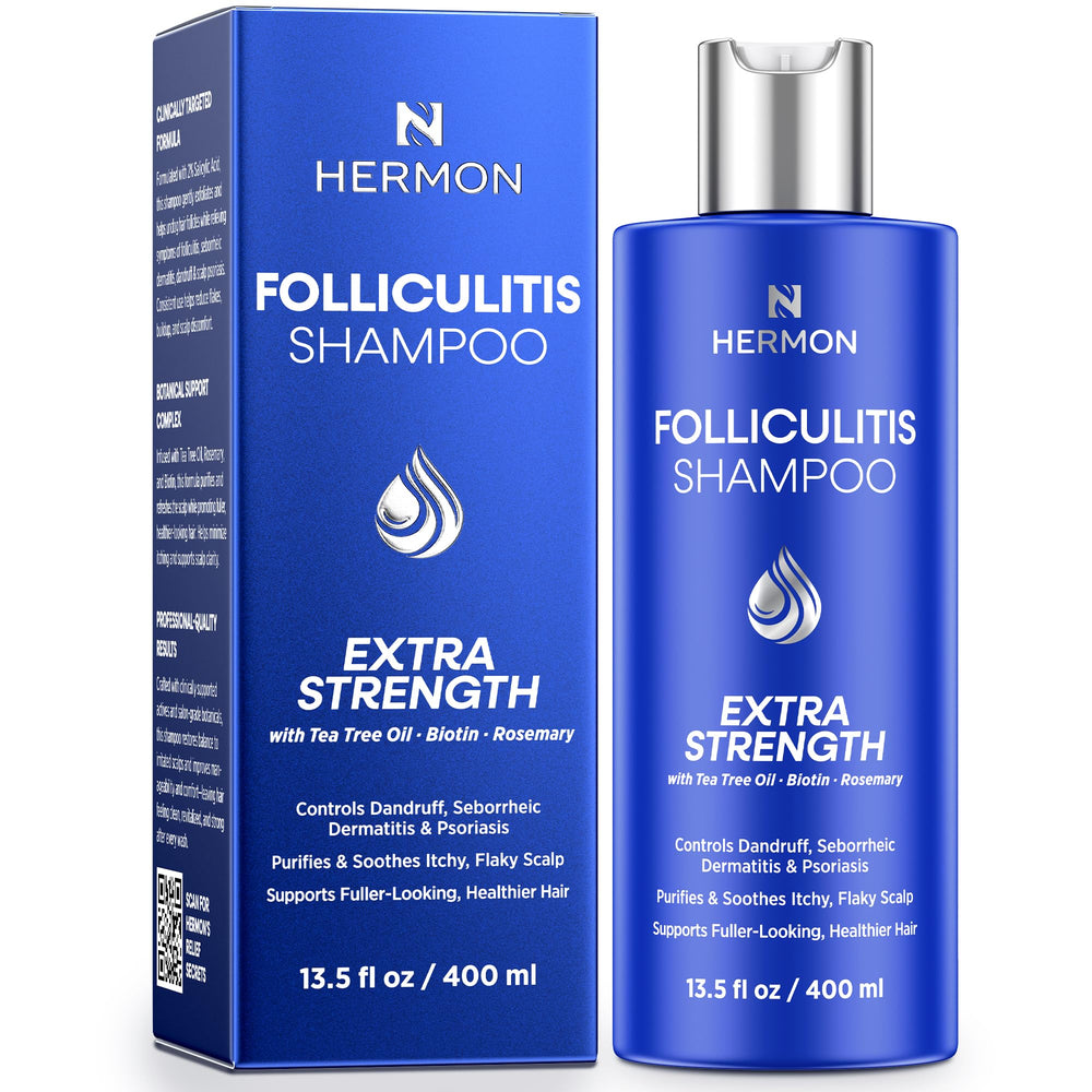 Hermon Folliculitis Shampoo bottle demonstrates soothing scalp care and gentle cleansing.