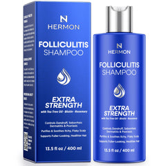Hermon Folliculitis Shampoo bottle demonstrates soothing scalp care and gentle cleansing.