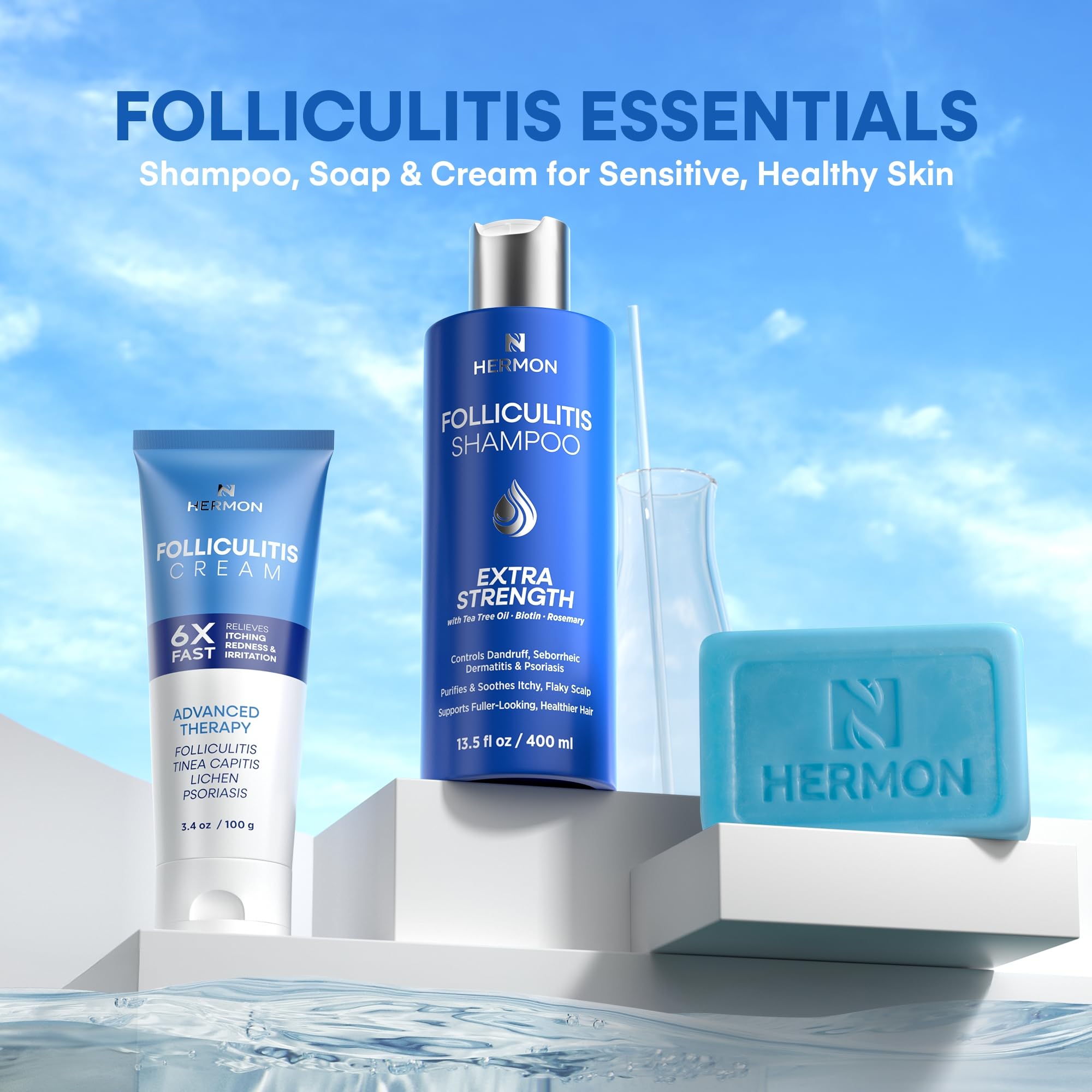 Hermon Folliculitis Shampoo cooling sensation image conveys refreshing scalp care.
