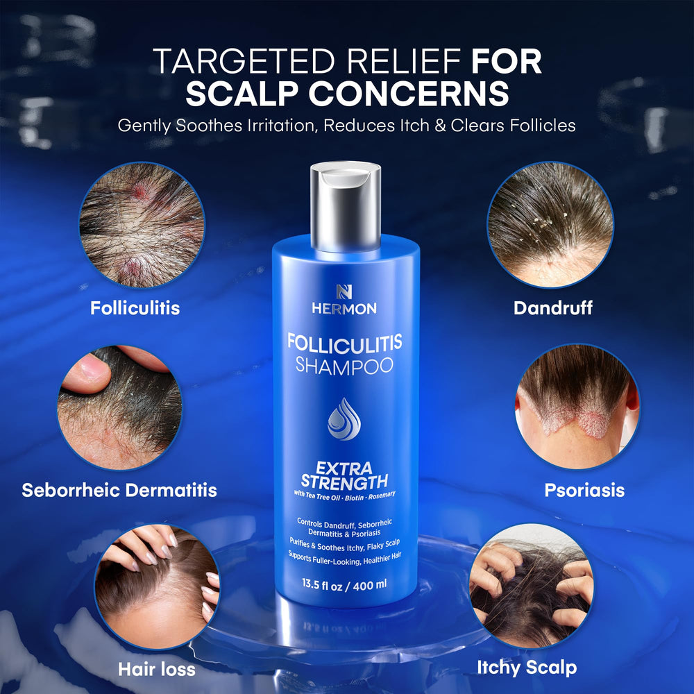 Hermon Folliculitis Shampoo label closeup highlights active ingredients for scalp balance.