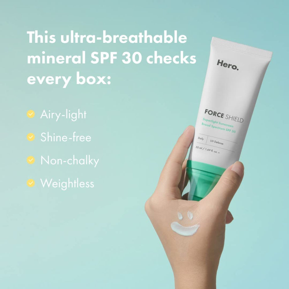 Close-up shows Hero Cosmetics Force Shield gel-cream texture with hydrating, skin-like coverage.