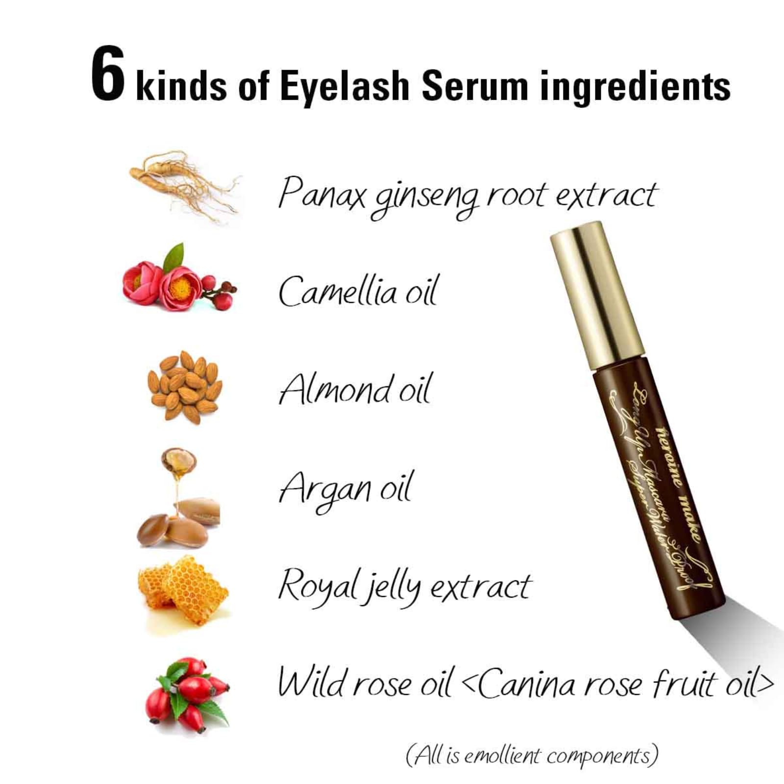 Heroine Make Brown Mascara Waterproof ingredient set highlights Camellia and Argan oils for lash care.