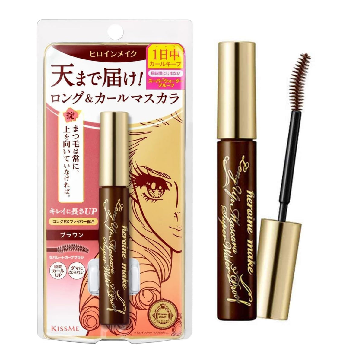Heroine Make Brown Mascara Waterproof tube demonstrates tubing formula for smudge-resistant wear.