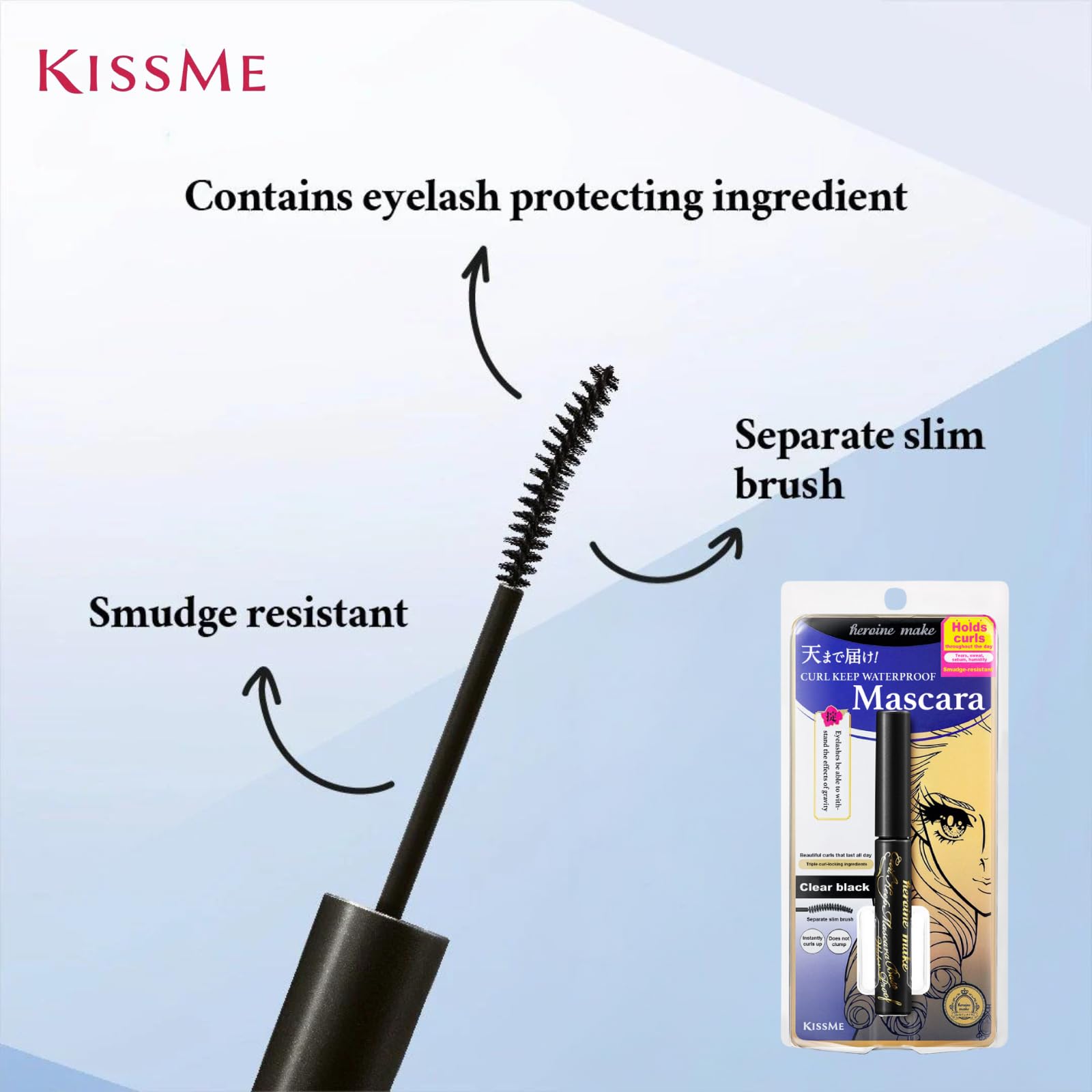 Heroine Make Clear Mascara Base packaging closeup shows premium, travel-ready bottle