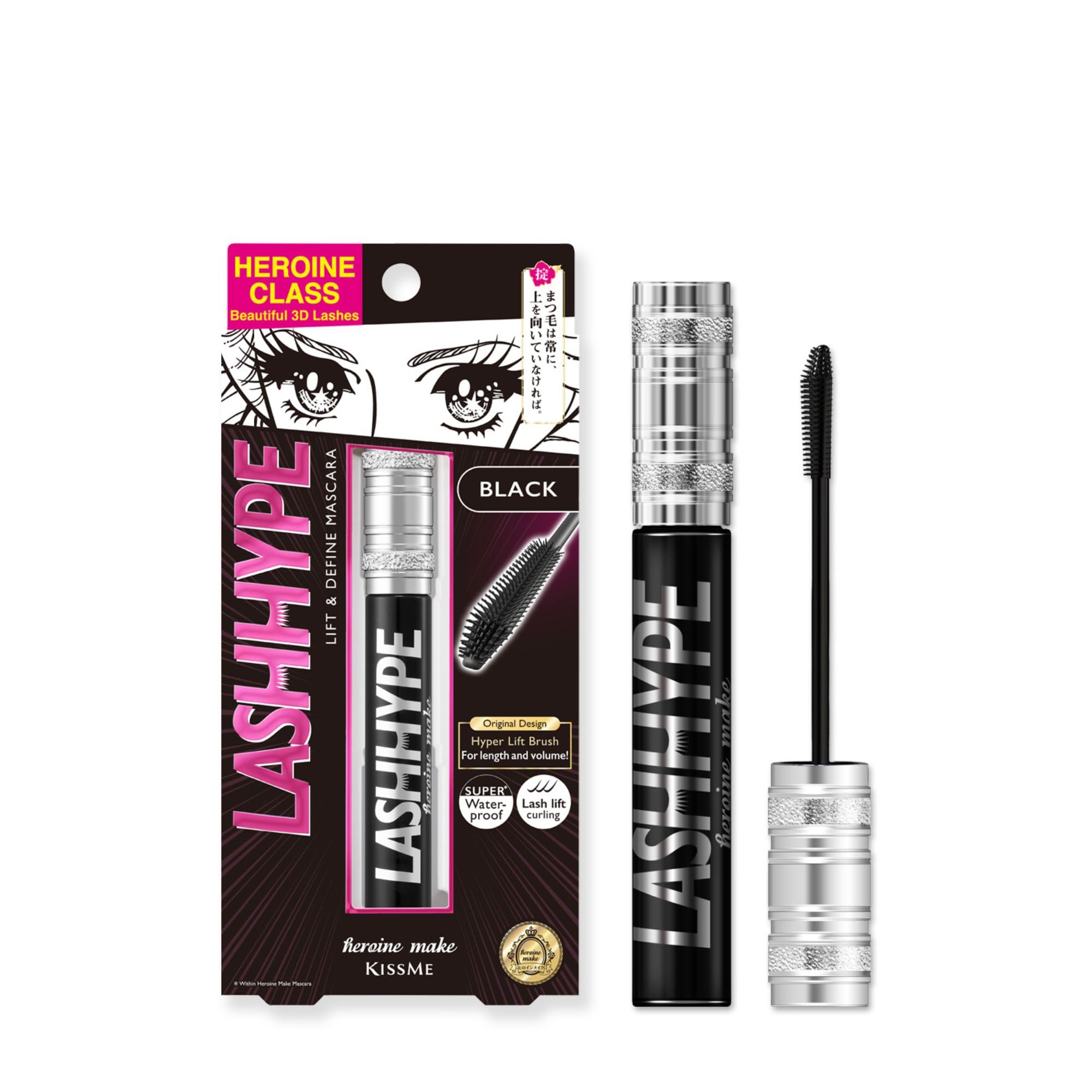 Heroine Make Lash Hype bottle close-up shows bold black mascara with long-lasting lift.