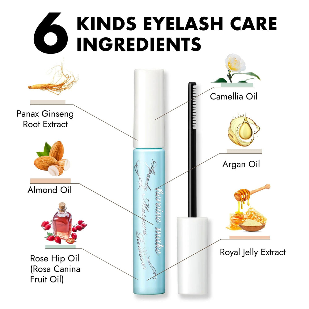 Heroine Make Speedy Mascara Remover camellia oil and almond oil depiction for nourishing lashes.