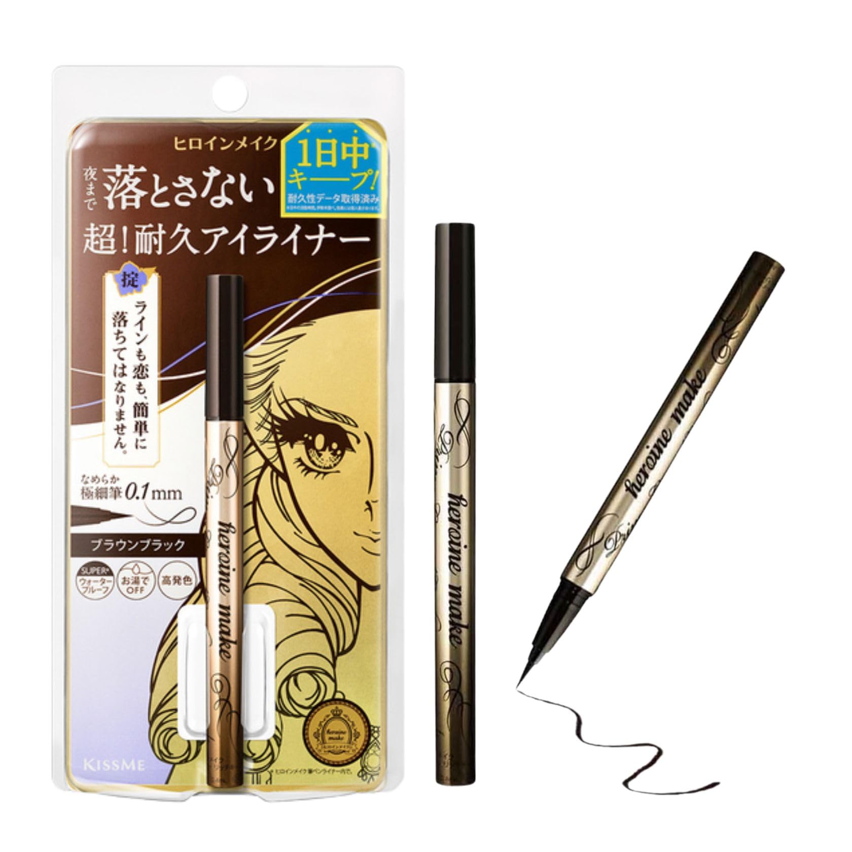 Heroine Make waterproof eyeliner close-up shows ultra-precise 0.1mm tip for bold cat-eye lines.