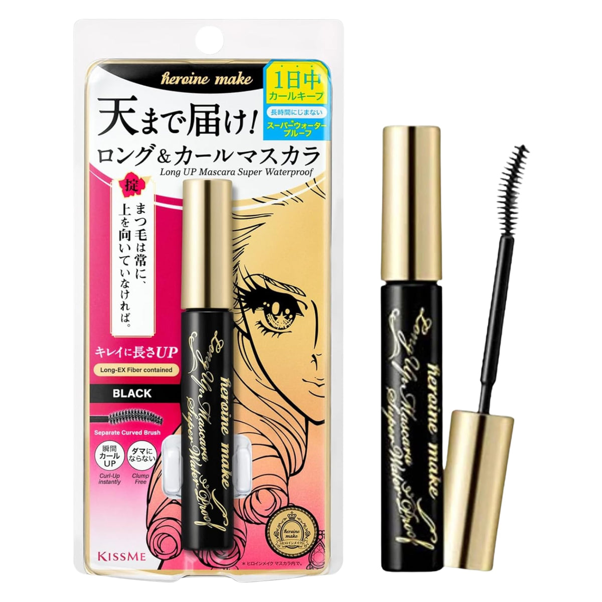 Heroine Make waterproof mascara bottle with sleek finish promoting long wear.