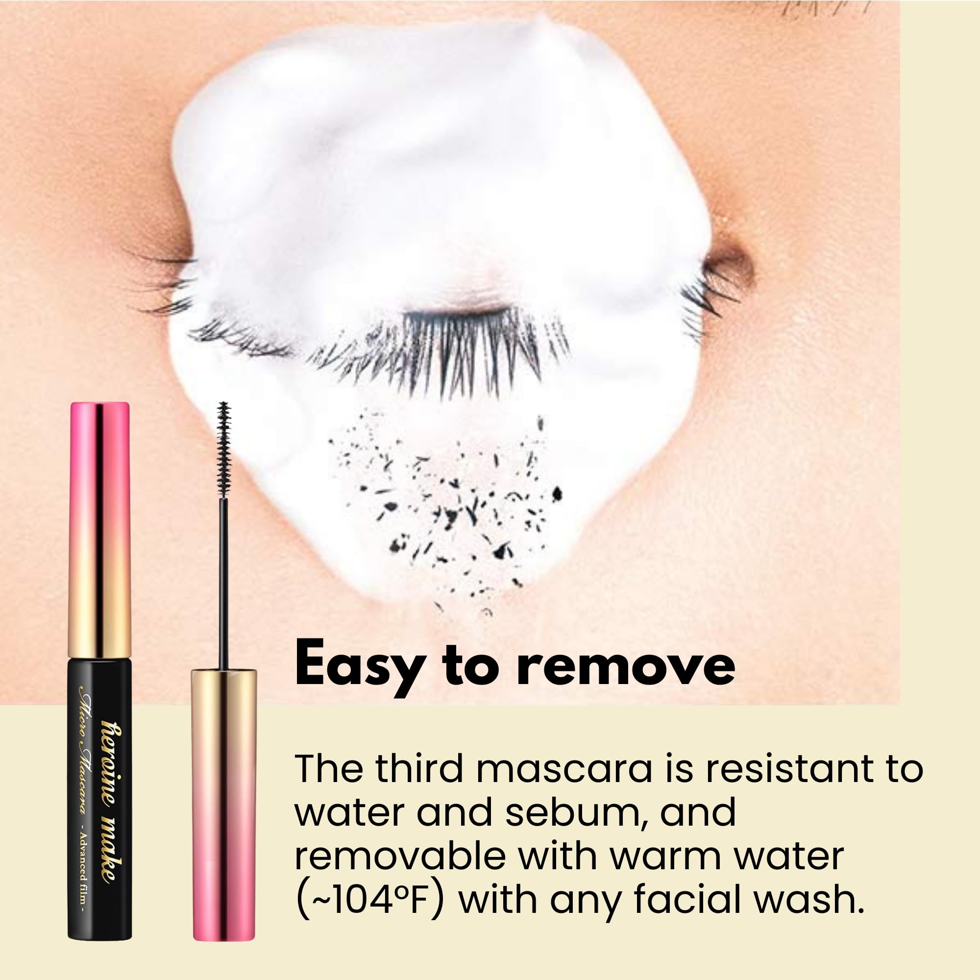 Heroine Make KissMe Mascara nourished with Camellia and Argan Oils for lash care