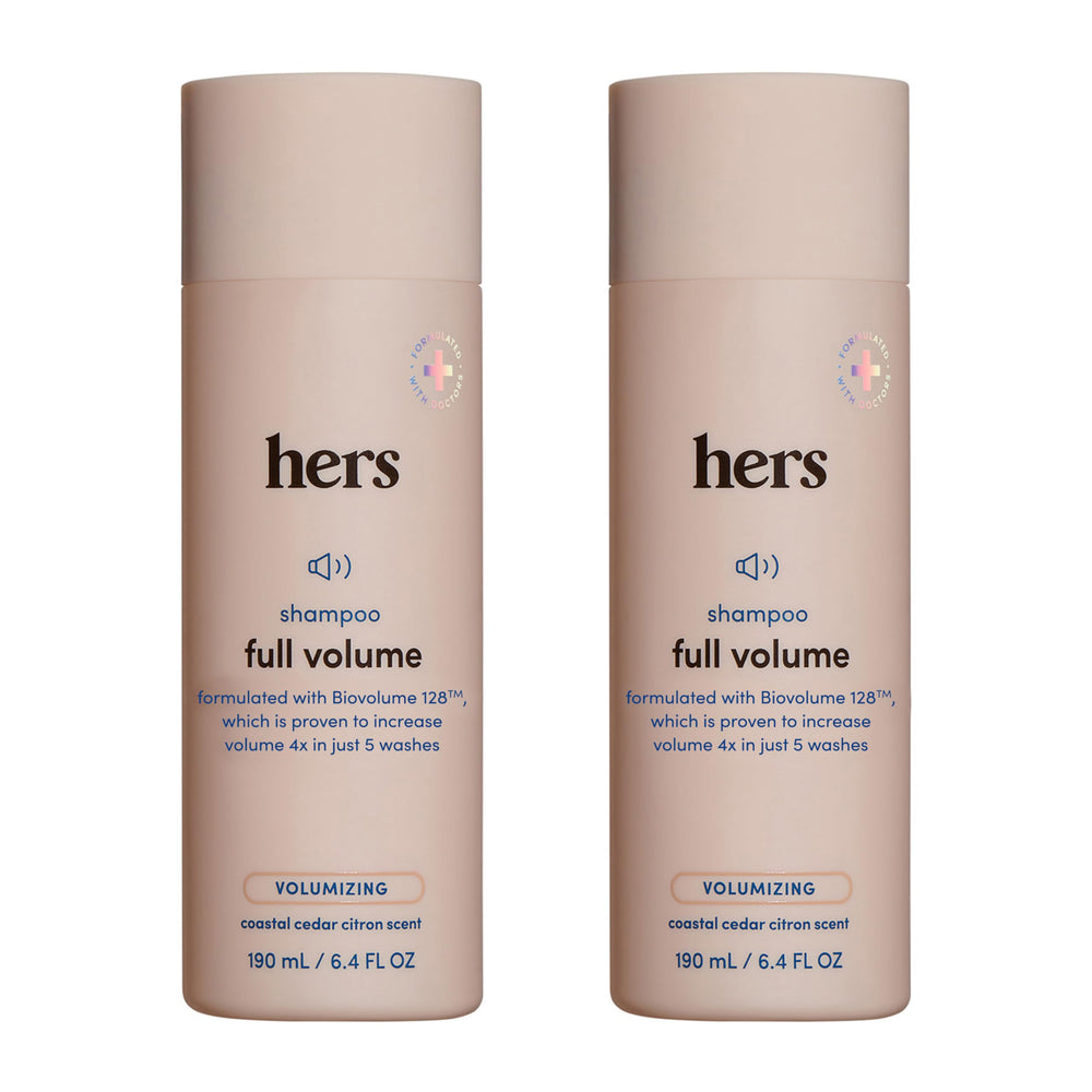 Hims & Hers Full Volume Shampoo bottle front showing lightweight lift for fine hair