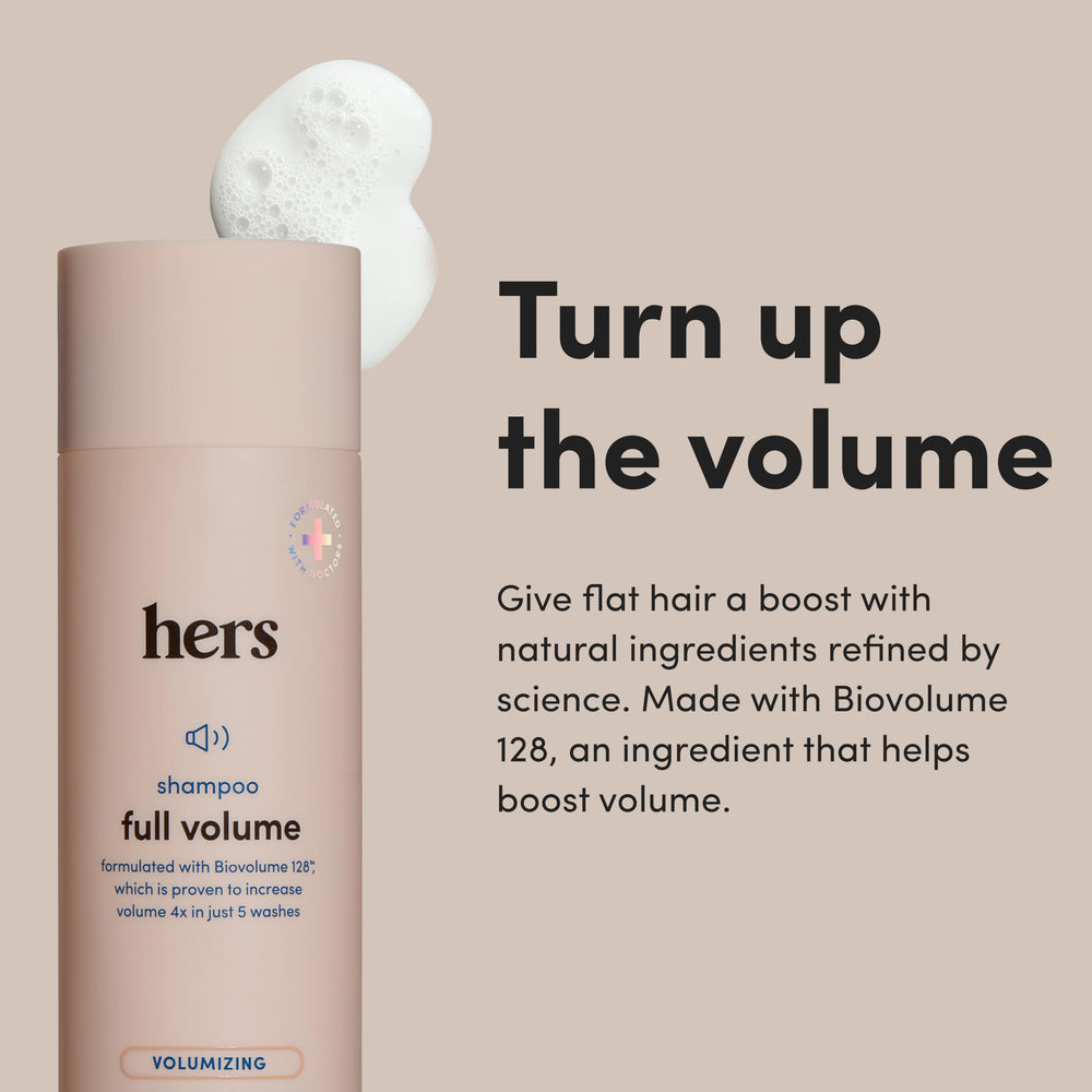 Hims & Hers Full Volume Shampoo bottle pour for even distribution and quick roots boost