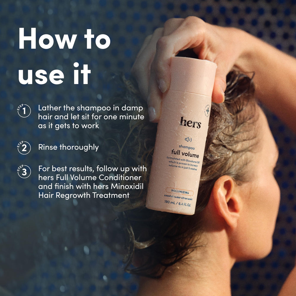 Hims & Hers Full Volume Shampoo dry hair test highlighting scalp nourishment
