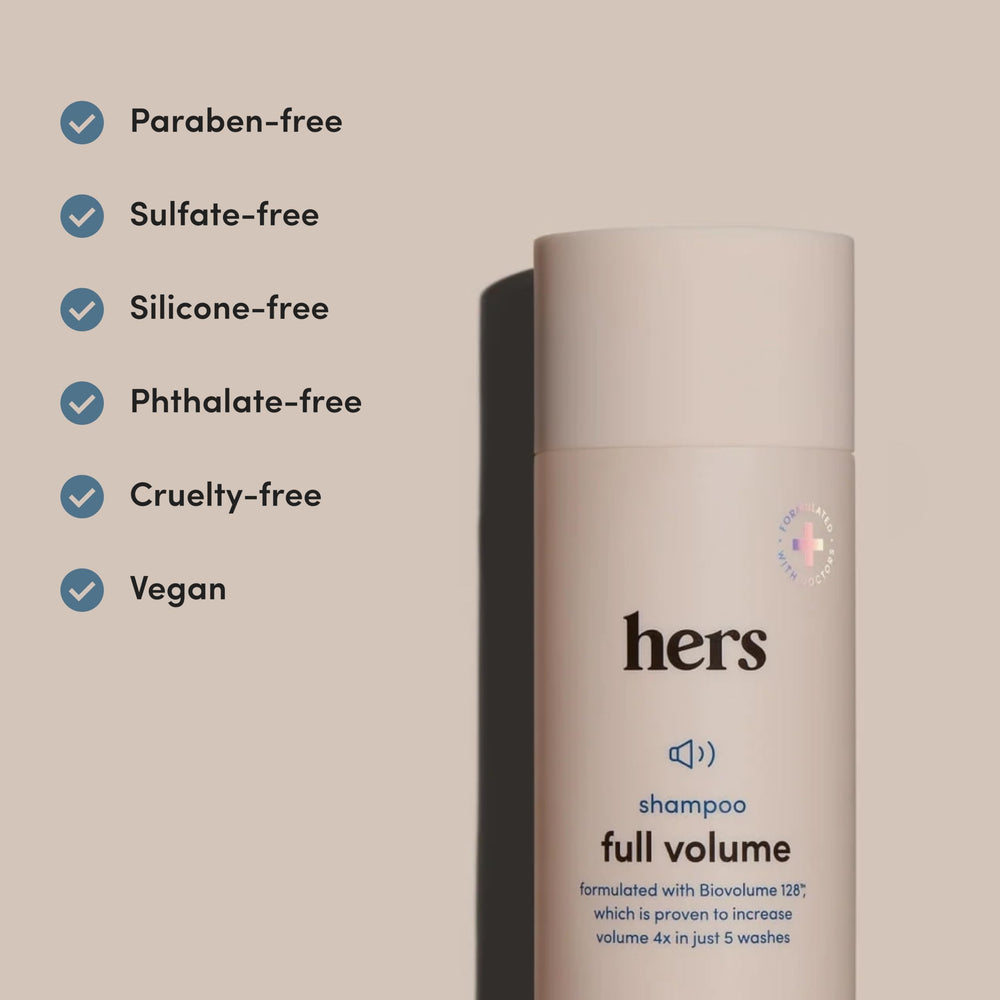 Hims & Hers Full Volume Shampoo packaging emphasizing vegan cruelty-free formula