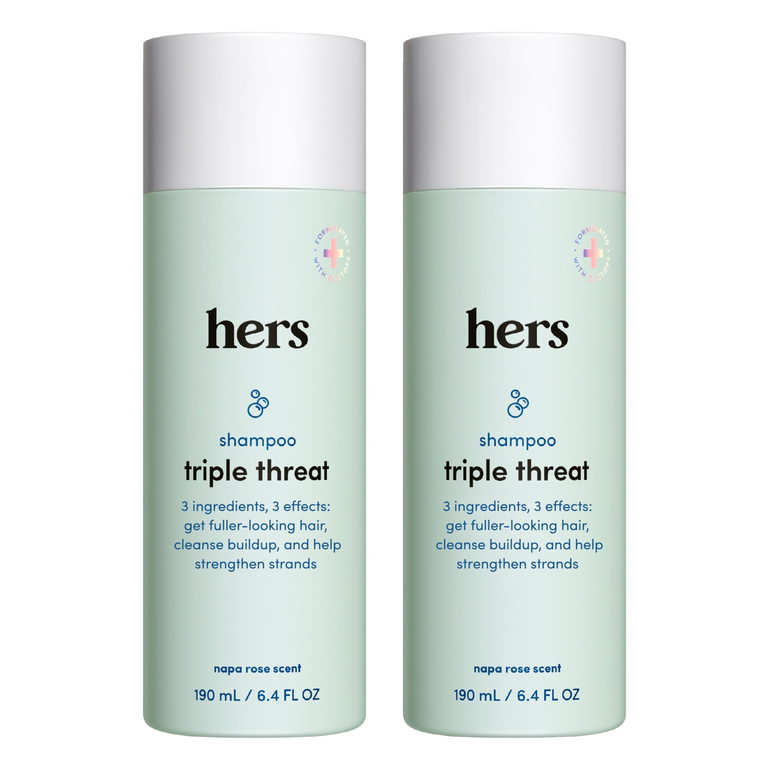 Hims & Hers Hers Triple Threat shampoo bottle for thicker, fuller hair.