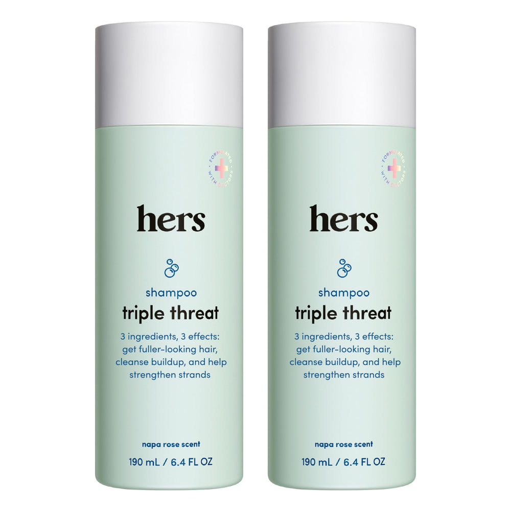 Hims & Hers Hers Triple Threat shampoo bottle for thicker, fuller hair.