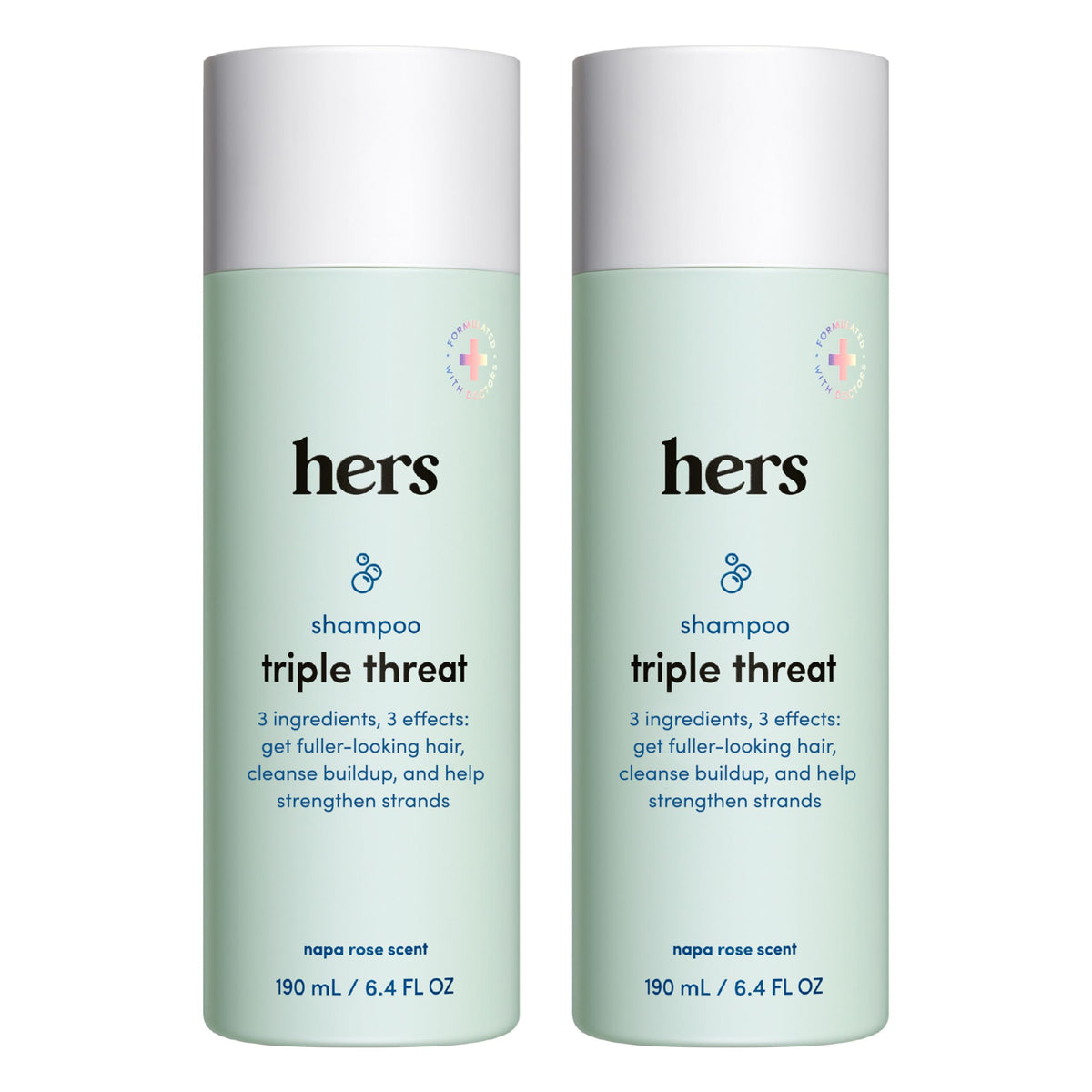 Hims & Hers Hers Triple Threat shampoo bottle for thicker, fuller hair.