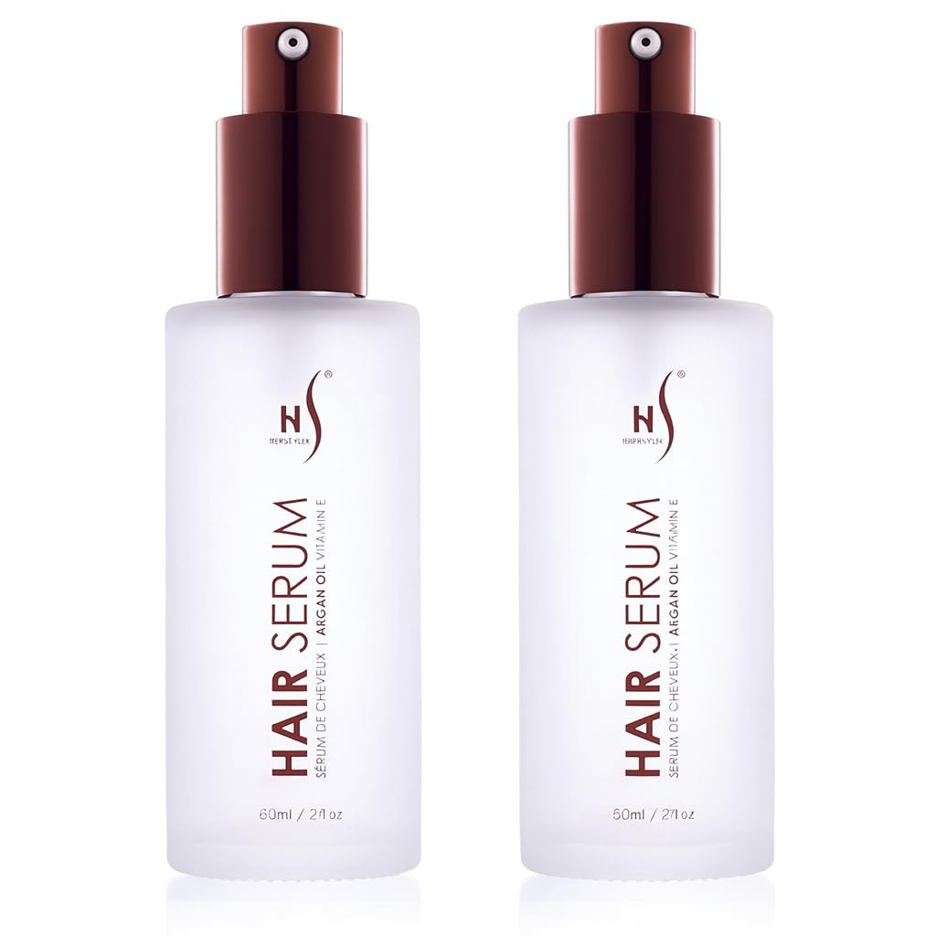 HerStyler Argan Oil Serum bottle closeup showcases lightweight shine boost for all hair types.