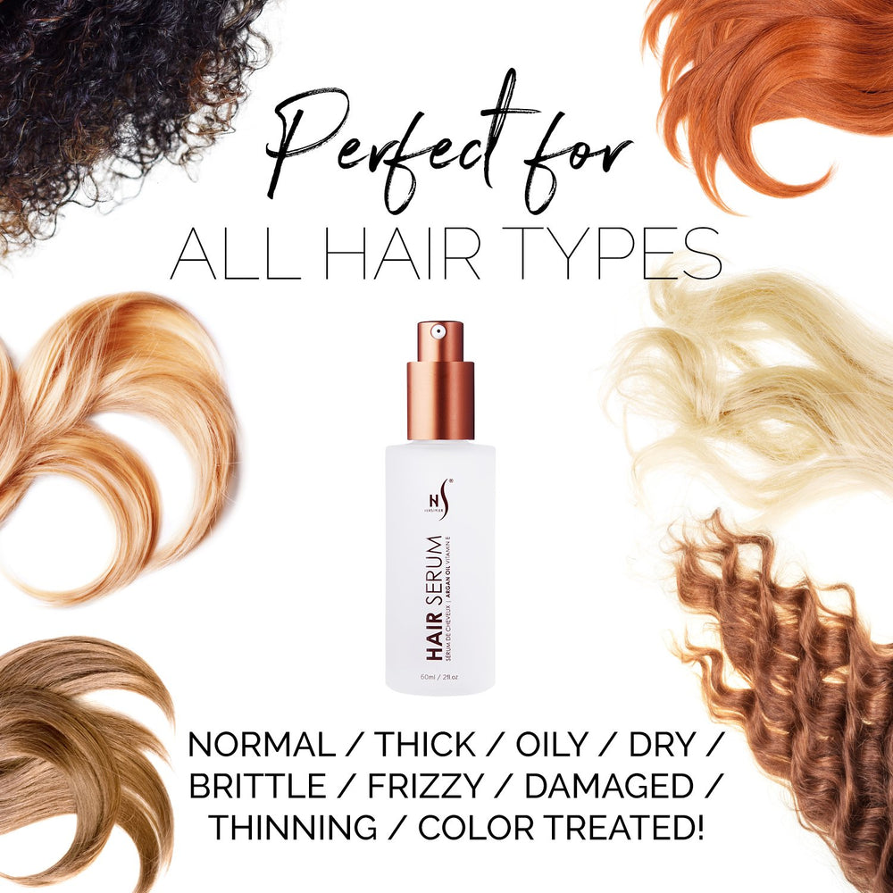 HerStyler Argan Oil Serum bottle pour demonstrates quick frizz taming for smooth tresses.