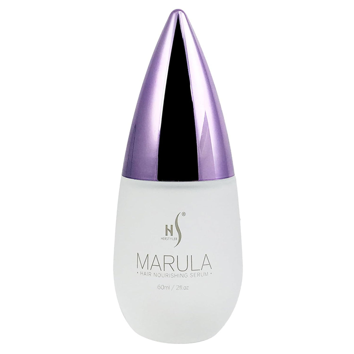 HerStyler Marula Oil Hair Serum bottle closeup for frizz control and shine.