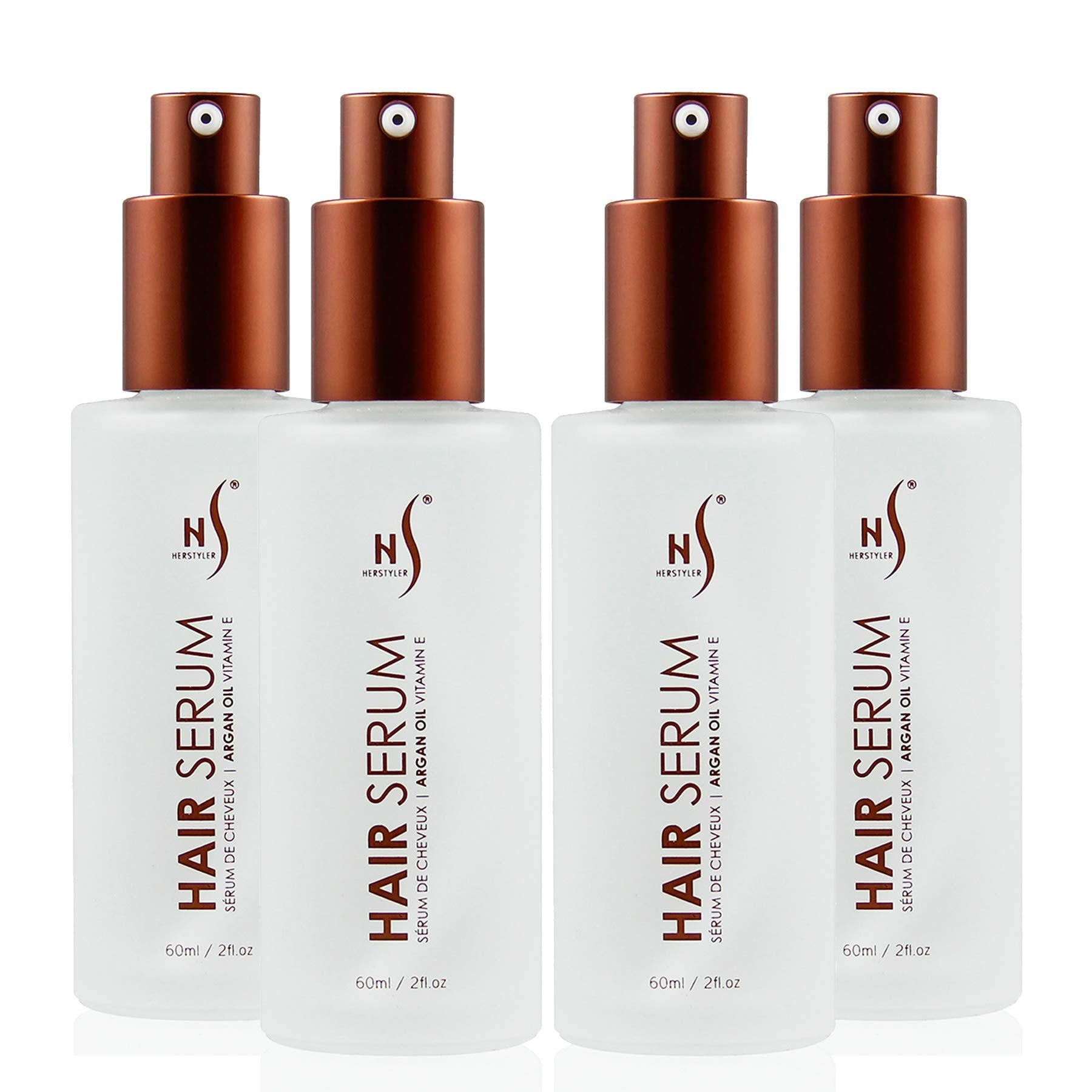 HerStyler Serum 4 Pack bottle closeup highlights frizz-control shine for dry hair